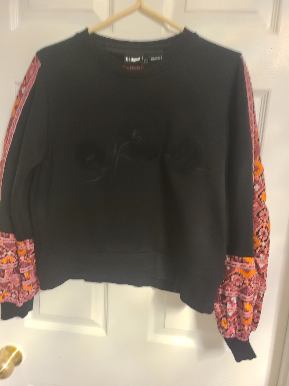 Desigual Black Sweatshirt with Pink & Orange Patterned Sleeves. Size Medium.
